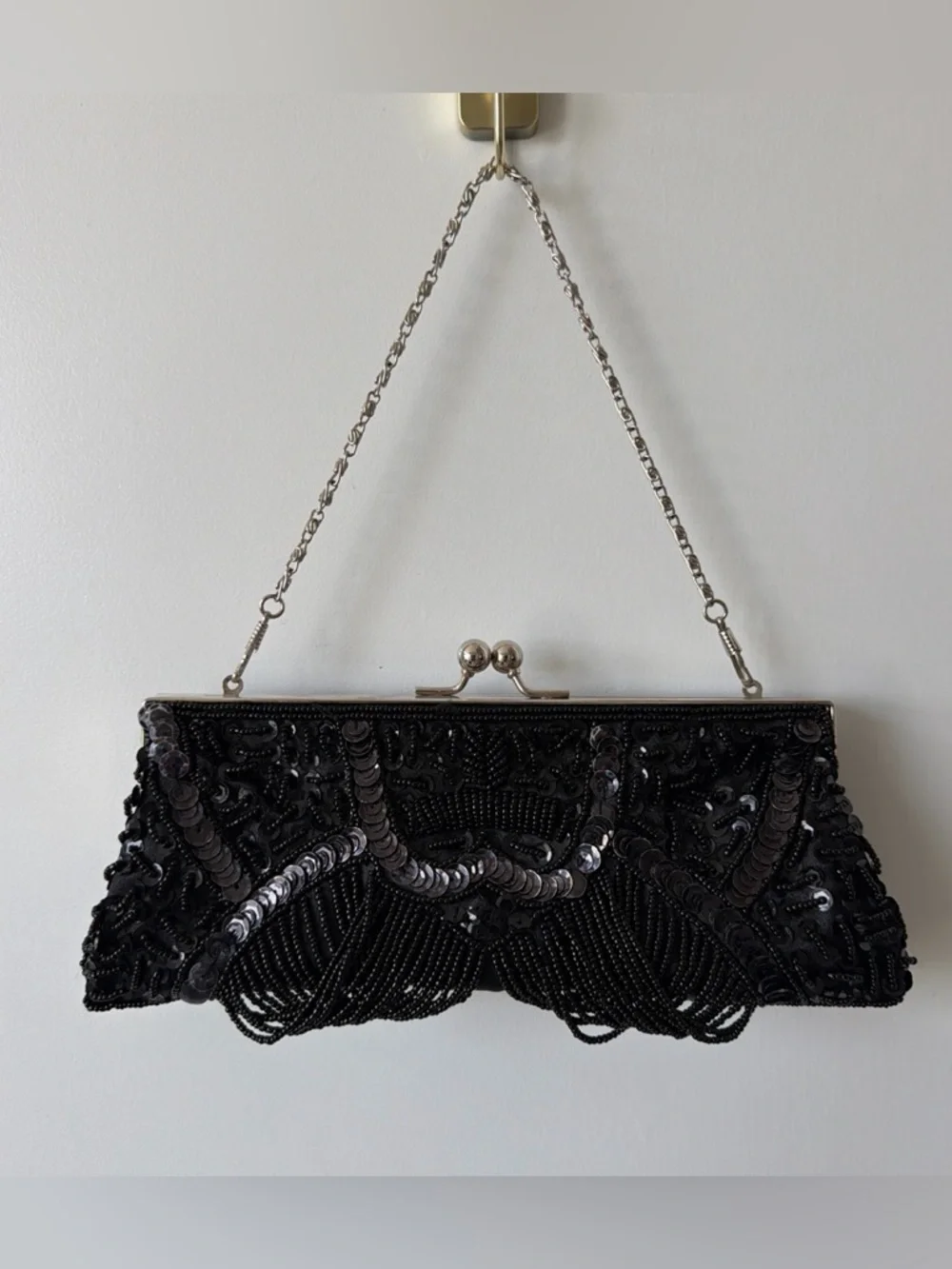 Vintage Noir Beaded Baguette Bag | Hand-Beaded Art Deco Evening Purse